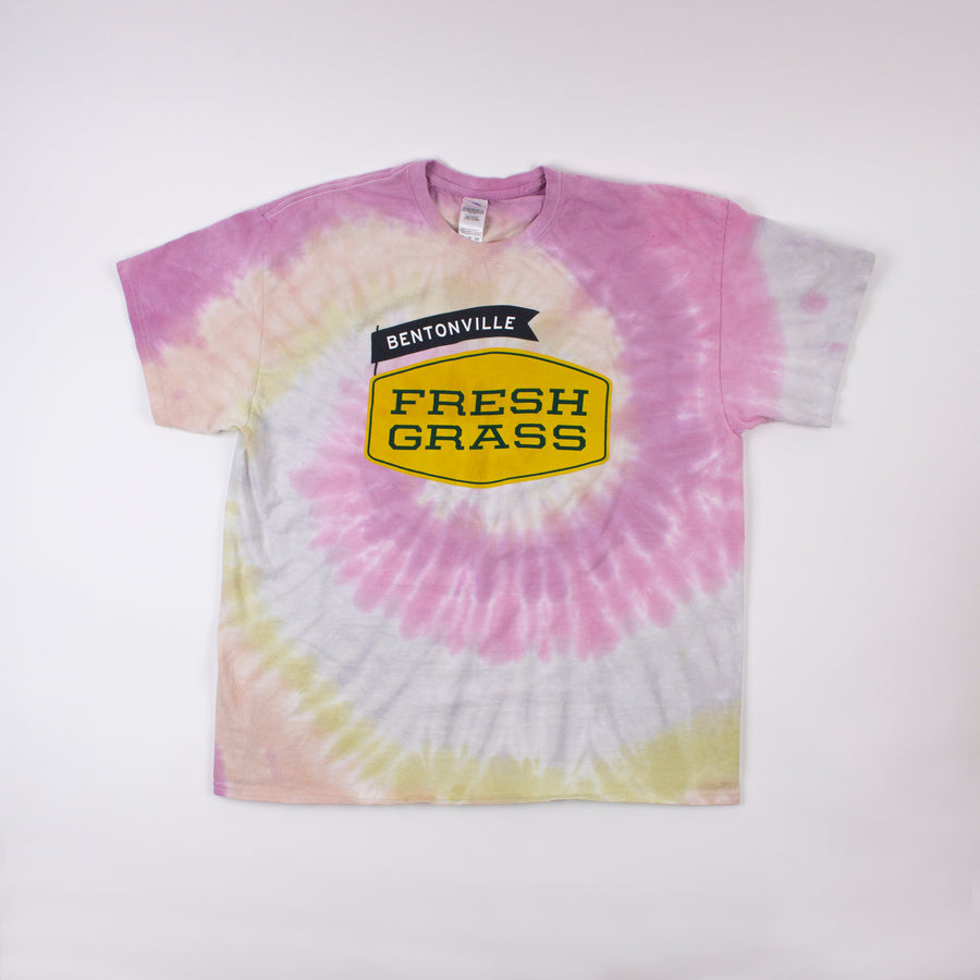 Bentonville 2021 Freshgrass T-shirt: Crew Neck Tie Dye Pink and Yellow with Gold Logo