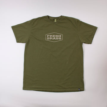Freshgrass T-shirt: Crew Neck Olive Green with Cream Logo