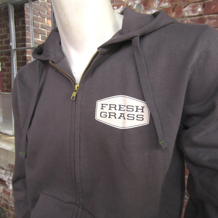 FreshGrass Zip Hoodie: Charcoal Grey with Cream Logo