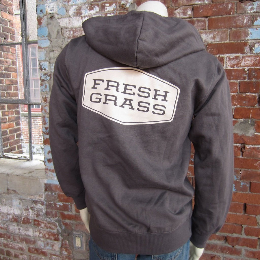 FreshGrass Zip Hoodie: Charcoal Grey with Cream Logo