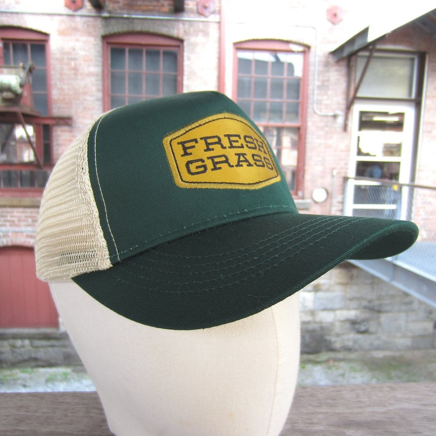 FreshGrass Trucker Hat: Green and Beige with Gold Logo