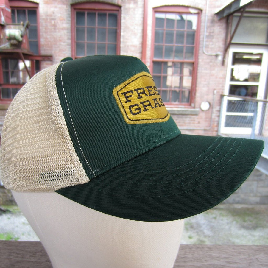 FreshGrass Trucker Hat: Green and Beige with Gold Logo