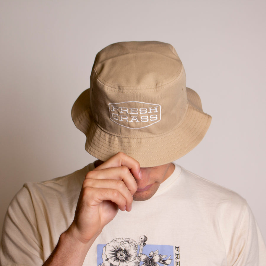Freshgrass Bucket Hat: Khaki with White Logo