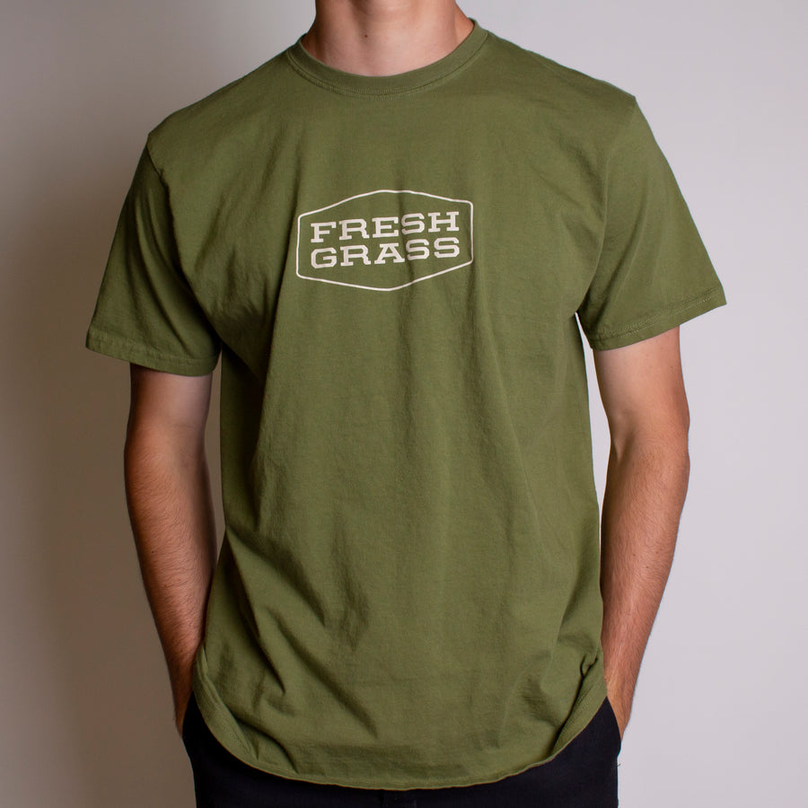 Freshgrass T-shirt: Crew Neck Olive Green with Cream Logo