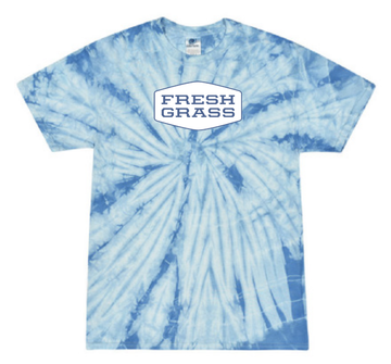FreshGrass Youth T-Shirt: Crew Neck Tie Dye Blue with White Logo